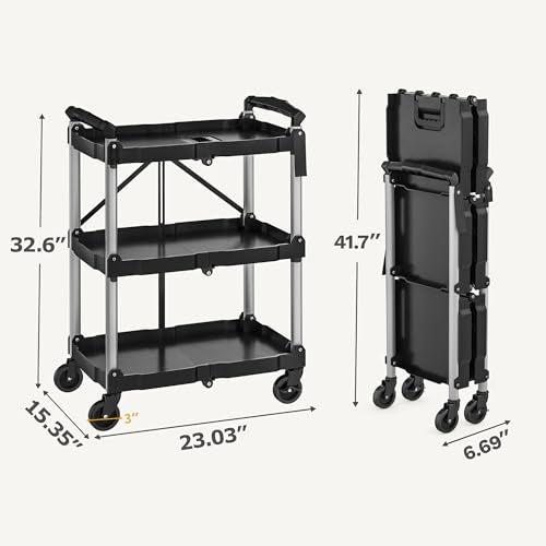 DWVO 3-Tier Foldable Service Cart with Swivel Wheels & Brake, 240LBS | Folding Utility Cart Heavy Duty Collapsible Rolling Cart, 240LBS Portable Utility Cart for Kitchen, Warehouse, Garage - size: 240 LBS