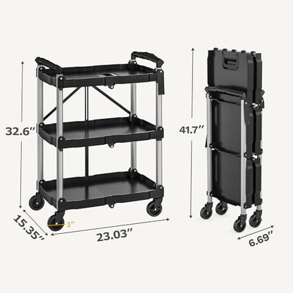 DWVO 3-Tier Foldable Service Cart with Swivel Wheels & Brake, 240LBS | Folding Utility Cart Heavy Duty Collapsible Rolling Cart, 240LBS Portable Utility Cart for Kitchen, Warehouse, Garage - size: 240 LBS