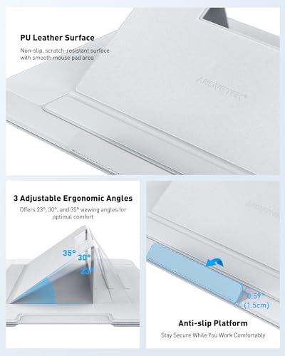 AboveTEK Adjustable Laptop Lap Desk, 3 Ergonomic Angles, PU Leather Non-Slip Surface, Heat Shield, Retractable Mouse Pad, Portable Laptop Lap pad for Bed, Sofa, Travel (Light Gray) - color: Light Gray