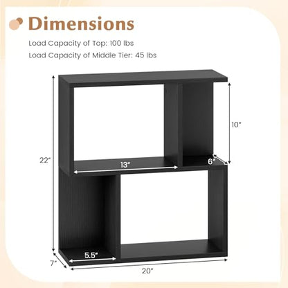 22’’ H Geometric Bookshelf, 2-Tier S-Shaped Floor Bookcase, Freestanding Open Display Book Shelf for Small Spaces, Low Side Table for Living Room & Bedroom (1, Black) - color: Black