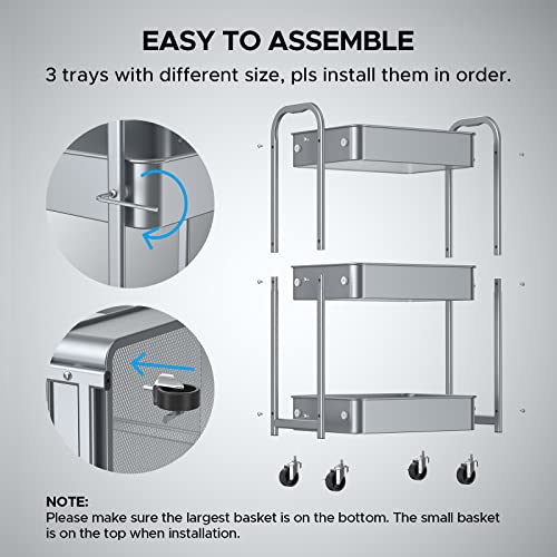 MAX Houser 3-Tier Rolling Utility Cart with Caster Wheels,Easy Assembly, for Kitchen, Bathroom (Silvery-Grey) - color: Silvery-grey, size: 3-Tier Standard Cart