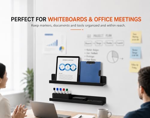 2 Pack Magnetic Book Shelf for Whiteboard, 17 Inch Heavy Duty Metal Magnetic Shelves, Holds 12 lbs, Magnetic Book Display for Classroom Furniture, Office - Black - color: Black