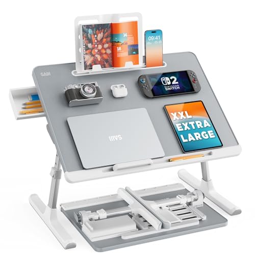 Laptop tray, SAIJI 60*45cm Table lap for bed, Multi-purpose Premium Lapdesk, Height Angle adjustable, with Book Stand, Drawer, Tablet slot, for Eating, Working, Writing, Gaming, Drawing (Light Grey) - color: Gray