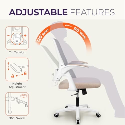 NEO CHAIR Office Desk Gaming Ergonomic Computer Chair with Lumbar Back Support Adjustable Height Swivel Rolling Wheels Flip-up Arms Mesh Chair for Home Vanity (Beige) - color: Beige