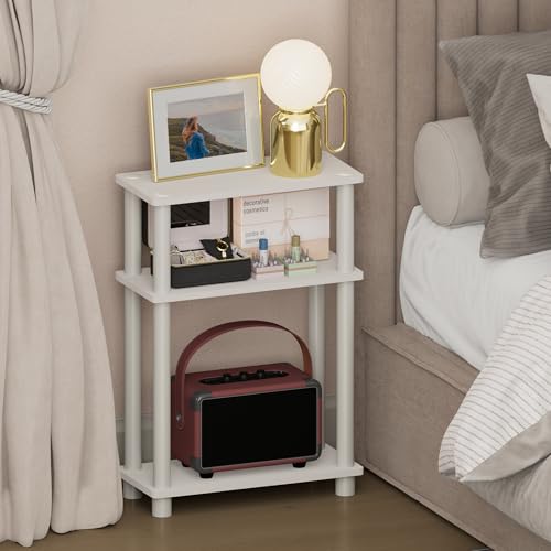 Furinno Turn-N-Tube Narrow Night Stand, 3-Tier Rectangular Nightstand with Storage Shelf, Slim Toolless Bedside Table, End Table, Side Table, for Bedroom, Closet, Dorm, White - color: White/White