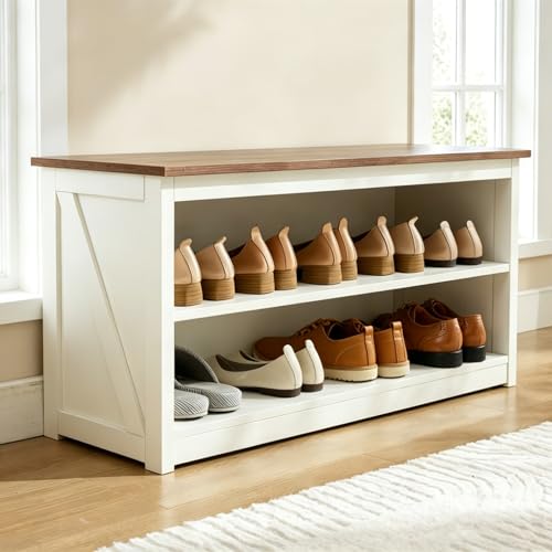 Farmhouse Storage Bench with 2-Tier Open Shelf Storage, Wooden Shoe Bench for Entryway, Entryway Shoe Storages for Living Room, Bedroom, Hallyway, White - color: White