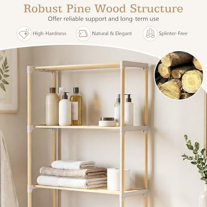 COSTWAY 3-Tier Over The Toilet Rack, Solid Wood Vertical Organizer with Slatted Shelves, Freestanding Space-Saving Toilet Storage Rack for Bathroom, Laundry Room