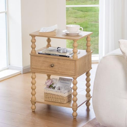 AWASEN Night Stand with Drawer, Bedside Table with Storage, 3-Tier Small Nightstand End Table for Bedroom with Solid Wood Spindle Legs, Rustic Walnut - color: Rustic Walnut