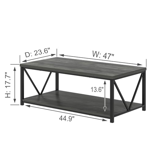 EXCEFUR Coffee Table, Rustic Wood and Metal Living Room Table, Industrial Rectangle Center Table with Storage Shelf, 47 Inch Grey - color: Grey, size: 47 inch