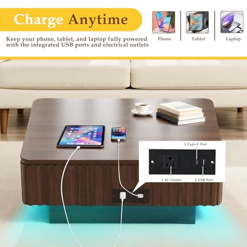 Lift Coffee Table with Hidden Storage & Adjustable Height, 35.4" Modern Fluted RGB LED Center Table with Charging Station, Wooden Accent Tea Table for Living Room & Small Apartment (Square) - size: Square