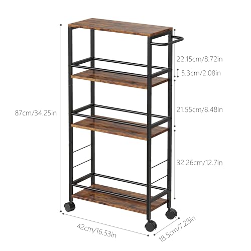 Slim Rolling Cart, 4-Tier Kitchen Storage Rolling Cart, Narrow Cart with Handle, Mobile Utility Cart for Small Space, Shelving Unit for Kitchen, Dining Room, Living Room, Home Office, Laundry Room