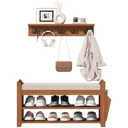 PETKABOO 31.5" Shoe Bench with Coat Rack Hidden Drawer and Side Holder, 2 Tier Entryway Bench with Storage 39.4 in, Bamboo Shoe Rack with Cushion for Entryway Hallway Living Room Bedroom - size: 31.5 in with Hook
