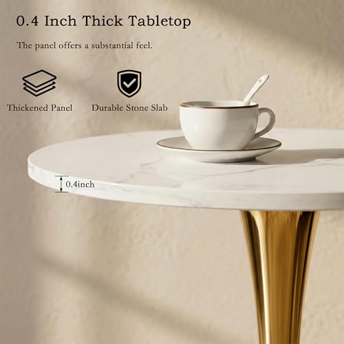 27.6" Marble Round Tulip Table, Mid-Century Modern Style Dining Table with Gold Pedestal Base for 2-4 People, Featuring A Marble Tabletop for Kitchen, Dining Room, Cafe (White) - color: White#gold