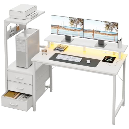 AODK 52 Inch Gaming Desk with USB Charging Ports & LED Light- Reversible Computer Desk with Storage Shelves & Monitor Stand, Modern Gamer Desk Table with Fabric Drawers, White - color: White, size: 52 Inches