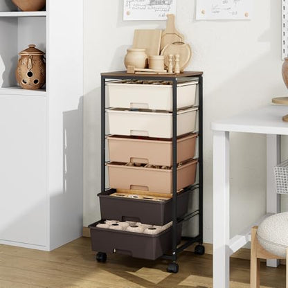 6 Drawer Rolling Storage Cart with Wooden Top and Wheels for Crafts,Brown | Easy Setup, Large Capacity, Sturdy Build, Lockable Mobility, For office, classroom and art studio supplies - color: Brown