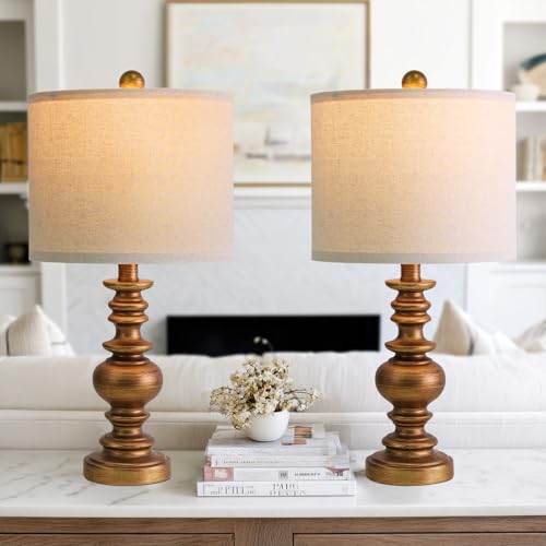 BOBOMOMO 20" Antique Gold Table Lamps Set of 2 – Handcrafted Vintage Bedside Lamps with Linen Shades, Elegant Farmhouse Lamps for Bedroom, Living Room, or Entryway – Perfect for Compact Spaces - color: Antique Gold, size: Small-20"