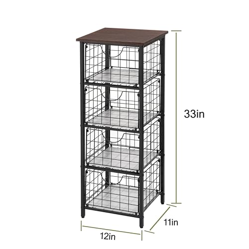 DINGTAI 5-Tier FreeStanding Storage Shelves with 4 Pull-Out Baskets,Bathroom Organizer Shelves Unit with WoodTop,Fruit Basket for Kitchen,Storage Tower Organizer Basket Cart for Bathroom，Black