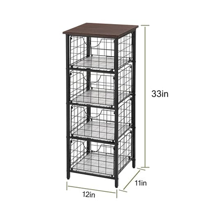 DINGTAI 5-Tier FreeStanding Storage Shelves with 4 Pull-Out Baskets,Bathroom Organizer Shelves Unit with WoodTop,Fruit Basket for Kitchen,Storage Tower Organizer Basket Cart for Bathroom，Black