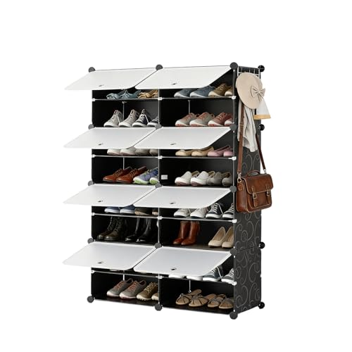 Simple Deluxe 8-Tier Shoe Rack Organizer with Doors, Stackable Shoe Storage Cabinet for Entryway Closet, Plastic Shoe Shelf with Metal Frame, Holds up to 32 Pairs for Bedroom Hallway, Black - color: Black, size: 2×4 Tier, 32-Pair