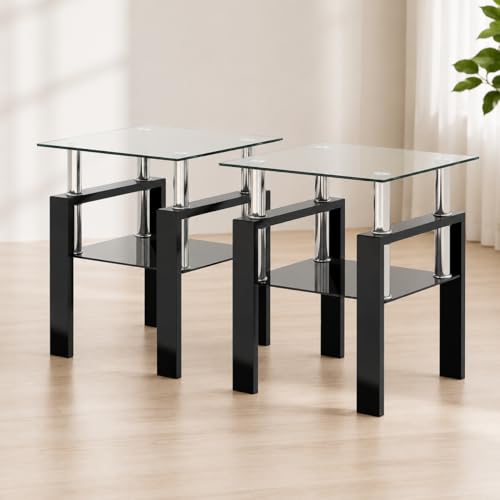 Meihua 2pcs Glass Side Table for Small Space, Square Glass End Table, 2-Tier Modern Nightstand with Metal Legs for Living Room & Bedroom, Black Glass and Black Leg - color: Black Glass + Black Leg, size: Set of 2