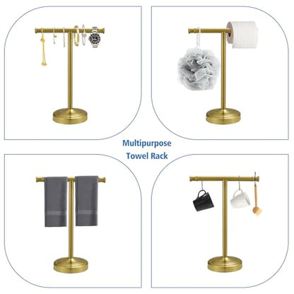 RUMOSE 13 Inch Brushed Gold Towel Stand Hand Towel Holder Bathroom Kitchen Vanity Countertop T-Shape Towel Rack Free Standing Stainless Steel Towel Bar Towel Ring - color: Brushed Gold