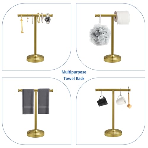 RUMOSE 13 Inch Brushed Gold Towel Stand Hand Towel Holder Bathroom Kitchen Vanity Countertop T-Shape Towel Rack Free Standing Stainless Steel Towel Bar Towel Ring - color: Brushed Gold