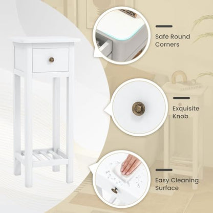Giantex Narrow End Table with Drawer, Tall Acacia Wood Side Table with Bottom Shelf, Modern Bedside Tables, 2-Tier Nightstand for Small Spaces Bedroom Living Room, No Assemble Required, White - color: White