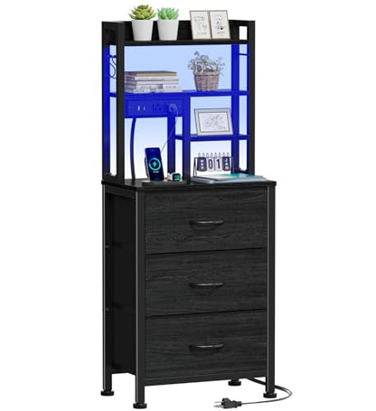 Black Nightstand with Bookshelf, Tall Bedside Table & Night Stand | 3 Fabric Drawers & LED Lights, 45.3" Bed Side & End table with Charging Station in Bedroom, Dorm, Metal Frame, Wood Shelves - color: Black Oak, size: 3 Drawer
