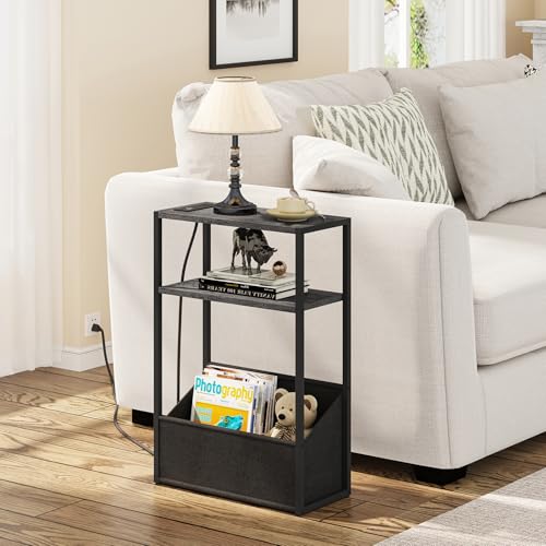 TUTOTAK Keep Phones Charged & Books Organized with Slim 3-Tier Side Table with Charging Station for Living Room Bedroom Charcoal Grey TB01BY095 - color: Charcoal Grey