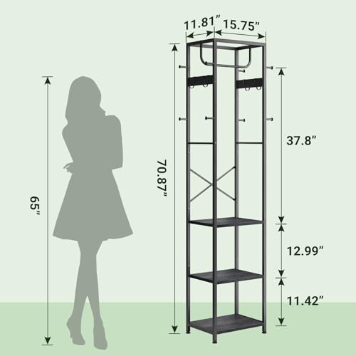 ELYKEN Coat Rack Freestanding, Hall Tree with 3 Storage Shelves and 12 Hooks, Metal Clothes Rack Stand Organizer for Bedroom, Hallway, Entryway, Office, Living Room, Black - color: Black