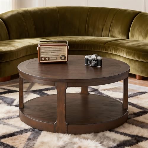 Coffee Table Round 40 inch for Living Room Modern 2-Tier Solid Wood Desktop Coffee Tables with Stroage Casters Circle Drum Tea Wooden Handcraft Home Furniture for Apartment Easy Assembly Brown - color: 40 Brown 2-tier