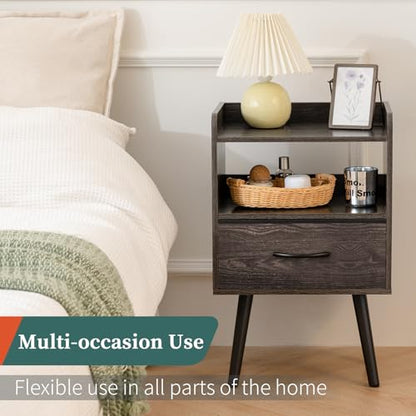 Yoobure Night Stand with Fabric Drawer, Modern Nightstand, Bedside Tables, Mid Century Nightstands with Open Storage Shelf, Wood Bedside Table, Small Night Stands for Bedrooms, 2-Tier Night Table - color: Charcoal Gray