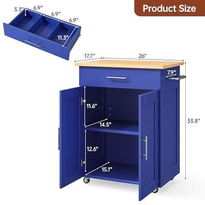 Mobile Kitchen Island on Wheels, Large Drawer, Blue | On Wheels, Large Drawer, Adjustable Shelf, Towel Rack, Rolling Island Table,for Kitchen & Dining Room - size: Small Kitchen Island, style: Modern Blue