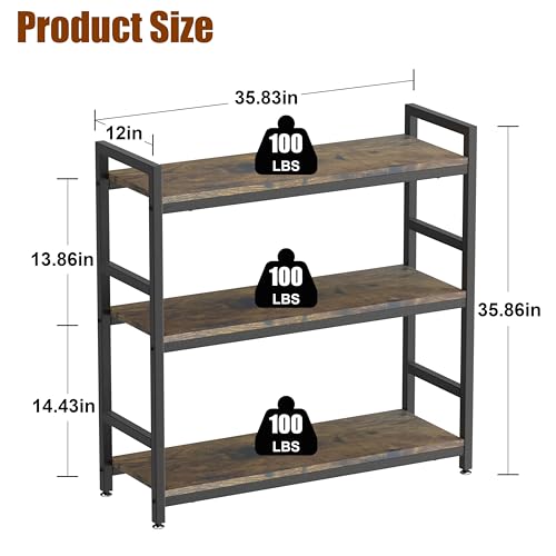 3-Tier Industrial Bookshelf，36" x 12" x 36" | Wood and metal frame, 360° adjustablefeet, waterproof, scratch-resistant, easy assembly, for home/office, 100lbs/tier.