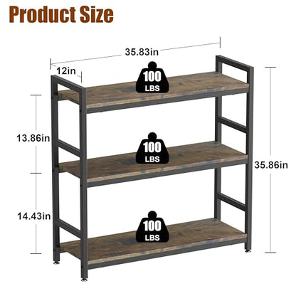 3-Tier Industrial Bookshelf，36" x 12" x 36" | Wood and metal frame, 360° adjustablefeet, waterproof, scratch-resistant, easy assembly, for home/office, 100lbs/tier.
