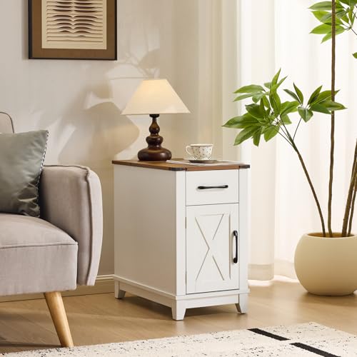 EROMMY Farmhouse End Table with Charging Station, Narrow Side Table for Living Room, Nightstand with Drawer and Storage Cabinet, Adjustable Shelf, White - color: White