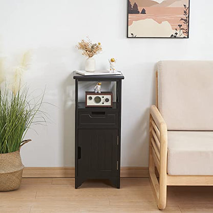 Assembled 30in Height Nightstand, Pre- Assembled Bathroom Floor Cabinet with Shelf and Storage Drawer, Black Tall End Table No Assembly Chest for Living Room Bedroom - color: Black