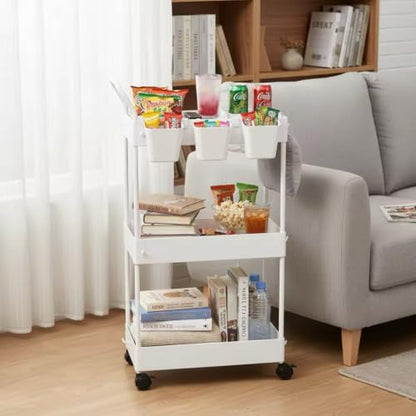 danpinera Storage Cart on Wheels, 3 Tier Slim Laundry with Wheels Bathroom Organizer with Hanging Cups Hooks Dividers Handle Mobile Rolling Art Cart for Bathroom Kitchen Narrow Places, White - style: 3 Tier White
