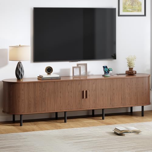 86.6" TV Stand with Power Outlet, Mid-Century Modern Television Stand, Fluted Media Console with Sliding Doors, Entertainment Center for TVs up to 90 Inch, Adjustable Shelves, Walnut - color: Walnut, size: 86.6 Inch