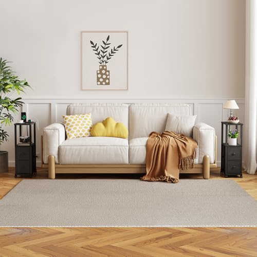 TUTOTAK Small Narrow End Tables, LED Side Tables with 2 Fabric Drawers, Set of 2, Bedside Tables with Charging Station for Small Spaces, Slim Nightstands with USB Ports and Wheels, TB01BK053L - color: Black, style: with LED Light & Outlets