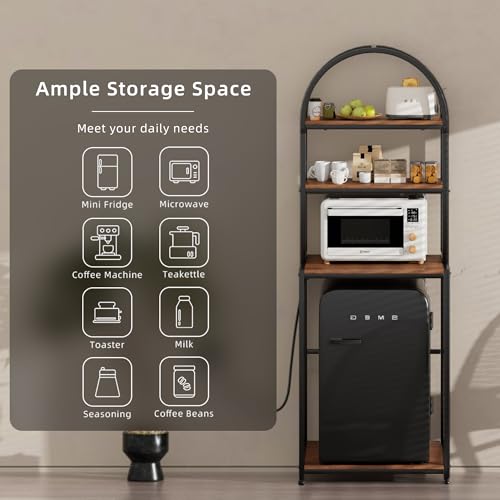 Arched Metal Mini Fridge Stand with Power Outlet and Wheels, Black | 4-Tier Microwave Organizer Stand and Mini Fridge Shelf with Storage for Kitchen, Dorm, Living Room and Small Space