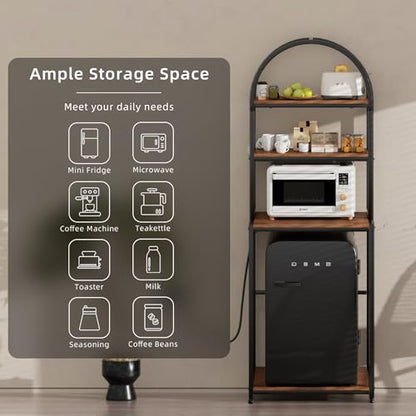 Arched Metal Mini Fridge Stand with Power Outlet and Wheels, Black | 4-Tier Microwave Organizer Stand and Mini Fridge Shelf with Storage for Kitchen, Dorm, Living Room and Small Space
