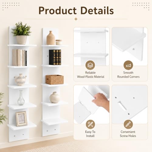 2PCS 5 Tiers Floating Wall Shelf, Small Vertical White Floating Shelf for Narrow Spaces, Modern Wall-Mounted Decorative Shelves for Bedroom Living Room, Lightweight Wood-Plastic - size: 2PCS