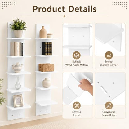 2PCS 5 Tiers Floating Wall Shelf, Small Vertical White Floating Shelf for Narrow Spaces, Modern Wall-Mounted Decorative Shelves for Bedroom Living Room, Lightweight Wood-Plastic - size: 2PCS