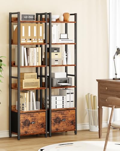 Furologee Book Shelf Set of 2, 6 Tier Tall Shelf with Drawer, Bookshelves and Bookcases Set of 2, Industrial Display Shelving Unit for Bedroom, Living Room, Home Office, Rustic Brown - color: Rustic Brown, size: 6 Tier-2 PCS
