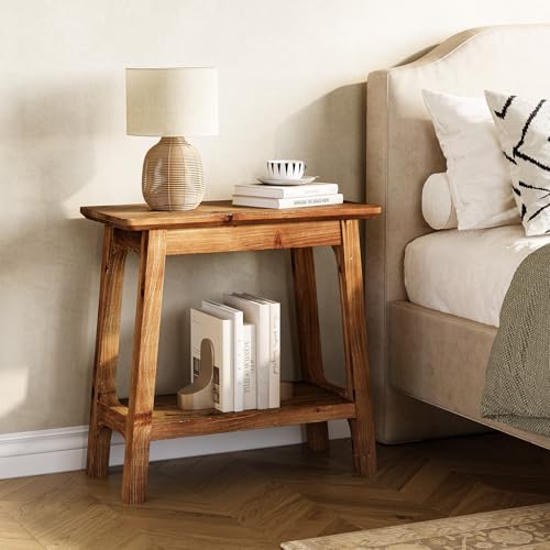 LITTLE TREE Narrow Side Table, Solid Wood Slim End Table for Small Spaces, 23.6" Sofa Side Tables, Skinny Bedside Tables Nightstand for Bedroom, Natural Wood (1 Piece)