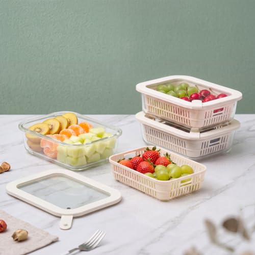 Urban Green Glass Food Storage Containers with Glass Lids, Microwave Safe Food Container Set, Aitight Meal Prep Container Set, BPA Free, 3 extra Colanders, LeakProof, 3 Pack of 35oz - color: Ivorywhite-3RT