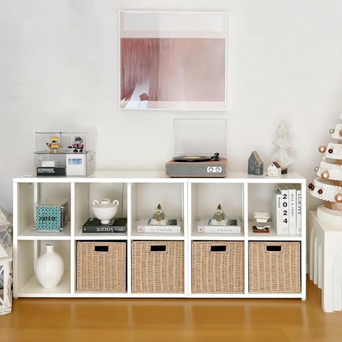 IRONMIX White Cube Storage Organizer with 4 Storage Basket, Metal Short Bookshelf with Storage, 2 Tier Horizontal Bookshelf, Small Cube Bookcase for Home Office Library (White, 700+1037 with Basket) - color: White, size: 700+1037-10 Cube with Basket