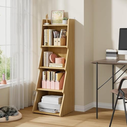 Hoctieon 5-Tier Open Bookcase and Bookshelf with LED Light, Floor Standing Display Storage Shelves, Wood Modern Display Organizer for Home Office, Living Room, Bedroom, Study, Yellow Oak