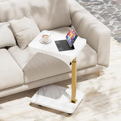 TV Tray Table, Adjustable Dinner Trays for Eating Table,360° Swivel& Sofa Armrest End Side Couch Snack Table for Sofa, Bedroom, Living Room, C Shaped End Table that Slide Under(White+Gold) - color: White Marble+gold